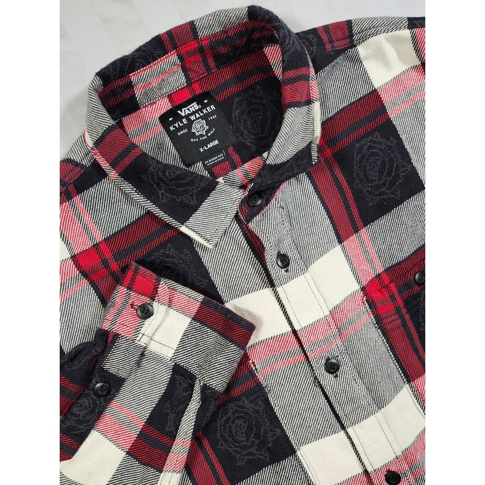 Vans Kyle Walker Rose Plaid Flannel Shirt Mens XL Red Black Button Skate 0031 - Picture 1 of 8